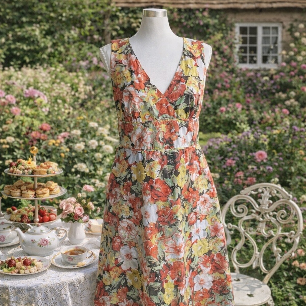 Ann Taylor Orange Floral V Neck Tea Party A Line Dress Sz 6 Fit Flare Lined Midi